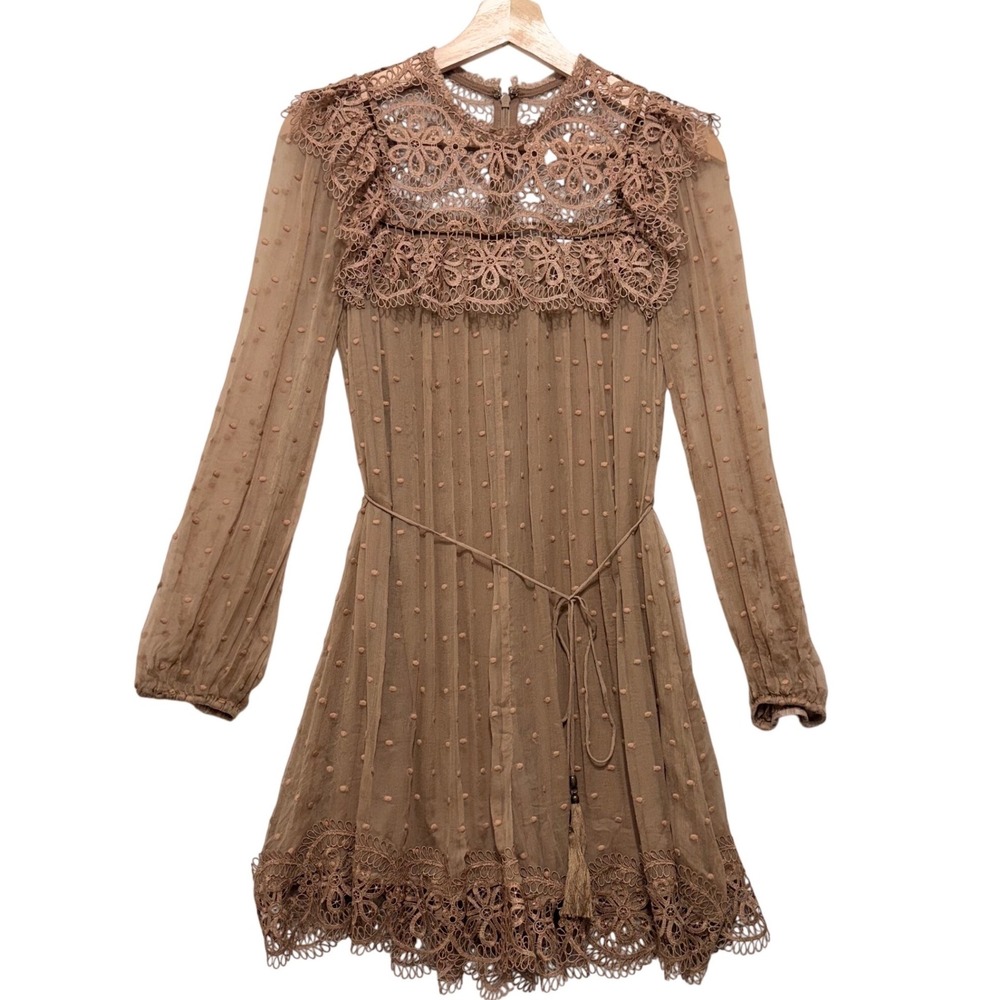 Zimmermann Lace Playsuit Dress Brown Sz 0 Boho Silk Romper Meridian Circle Dots
